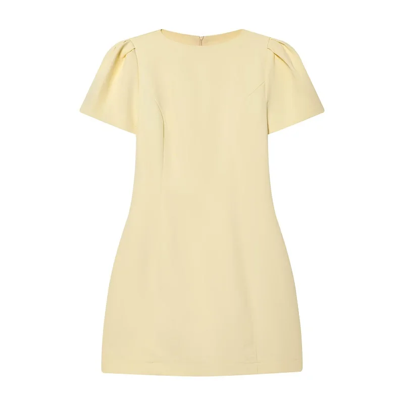 MUJER 2026 Pleated Short Dresses for Women Yellow Holiday Women's Dresses Elegant Party Dresses Woman Short Sleeve Formal Dress