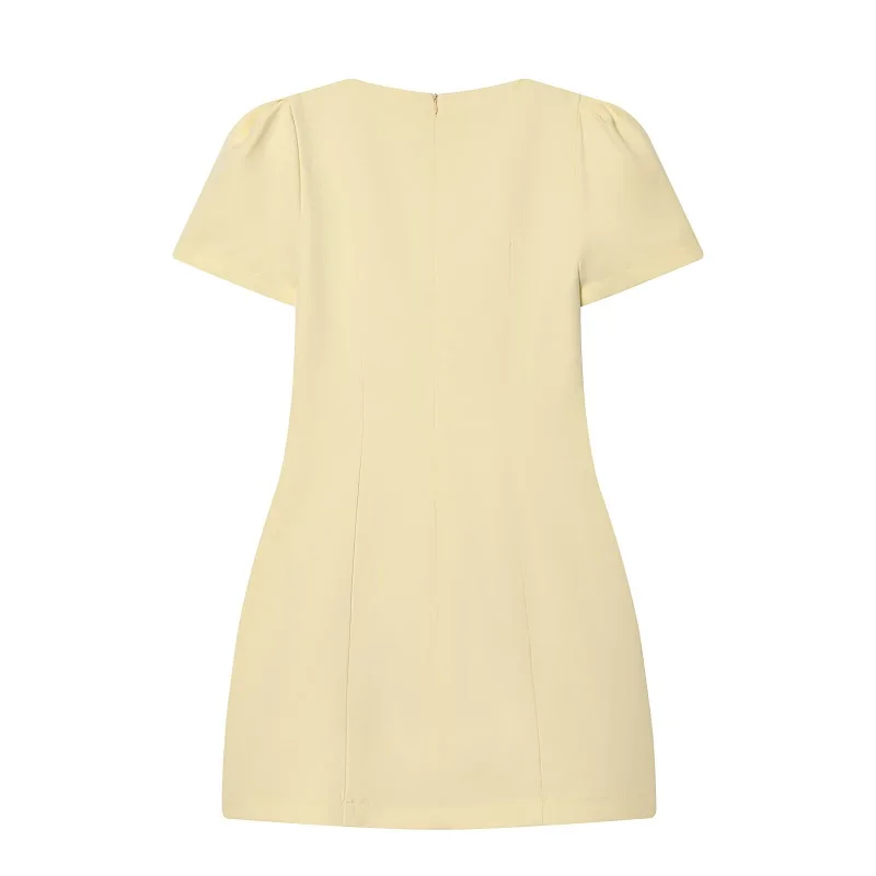 MUJER 2026 Pleated Short Dresses for Women Yellow Holiday Women's Dresses Elegant Party Dresses Woman Short Sleeve Formal Dress