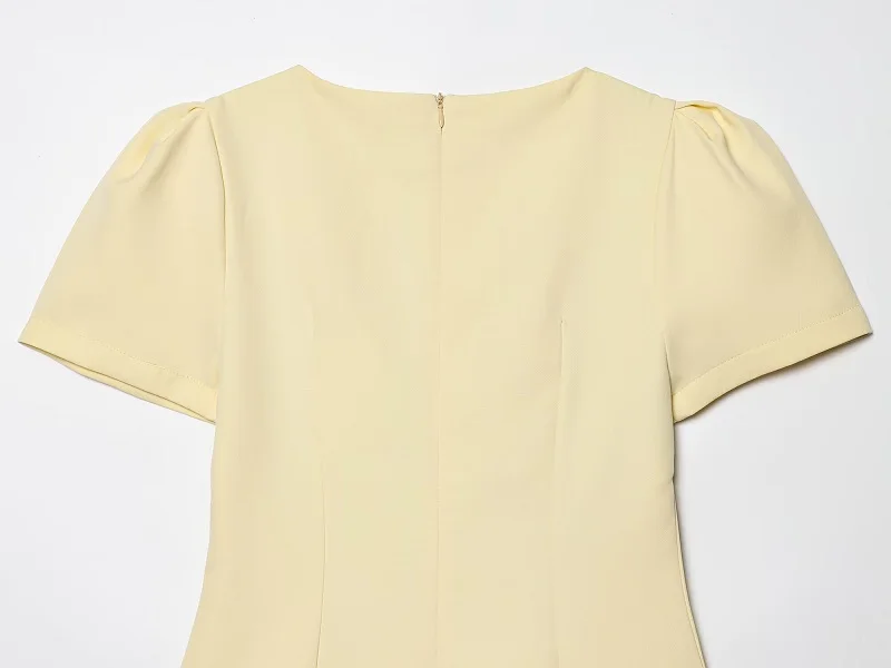 MUJER 2026 Pleated Short Dresses for Women Yellow Holiday Women's Dresses Elegant Party Dresses Woman Short Sleeve Formal Dress