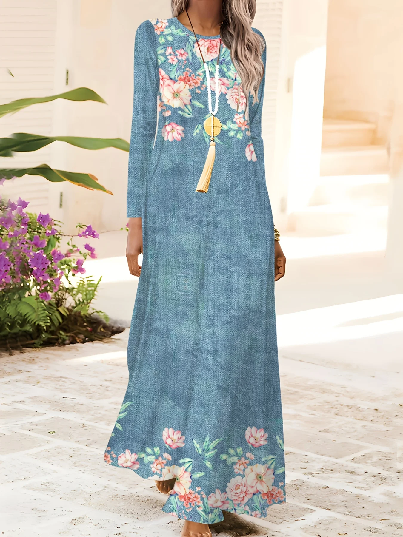 Spring Autumn casual style Floral Pattern On Denim Blue Dress women's dress