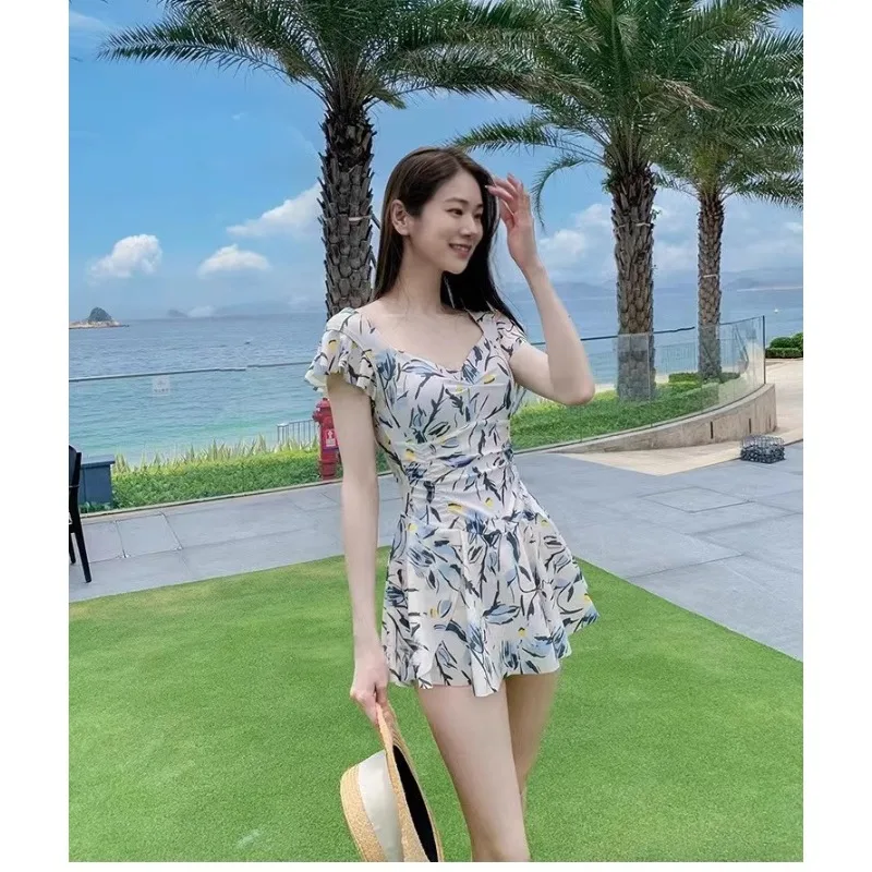Sweet Floral Print Ruffle Sleeve One Piece Swimsuit Dress with Flared Skirt Modest Swimwear for Beach Pool Vacation