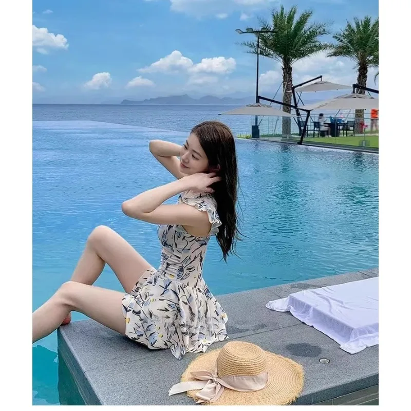 Sweet Floral Print Ruffle Sleeve One Piece Swimsuit Dress with Flared Skirt Modest Swimwear for Beach Pool Vacation