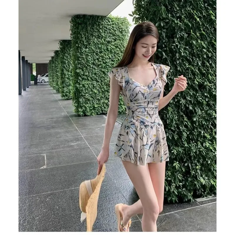 Sweet Floral Print Ruffle Sleeve One Piece Swimsuit Dress with Flared Skirt Modest Swimwear for Beach Pool Vacation