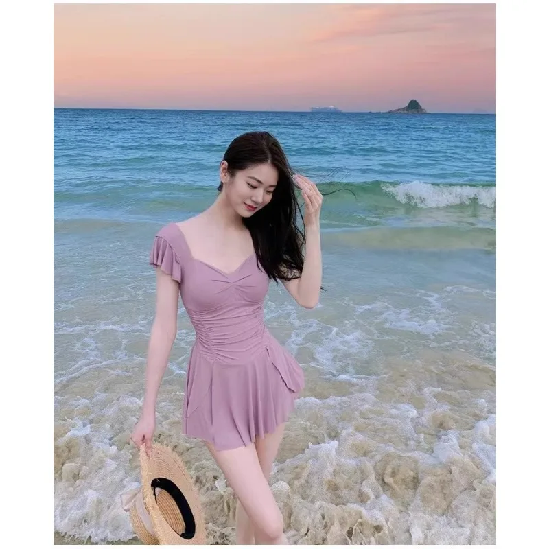 Sweet Floral Print Ruffle Sleeve One Piece Swimsuit Dress with Flared Skirt Modest Swimwear for Beach Pool Vacation