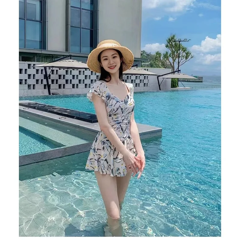 Sweet Floral Print Ruffle Sleeve One Piece Swimsuit Dress with Flared Skirt Modest Swimwear for Beach Pool Vacation