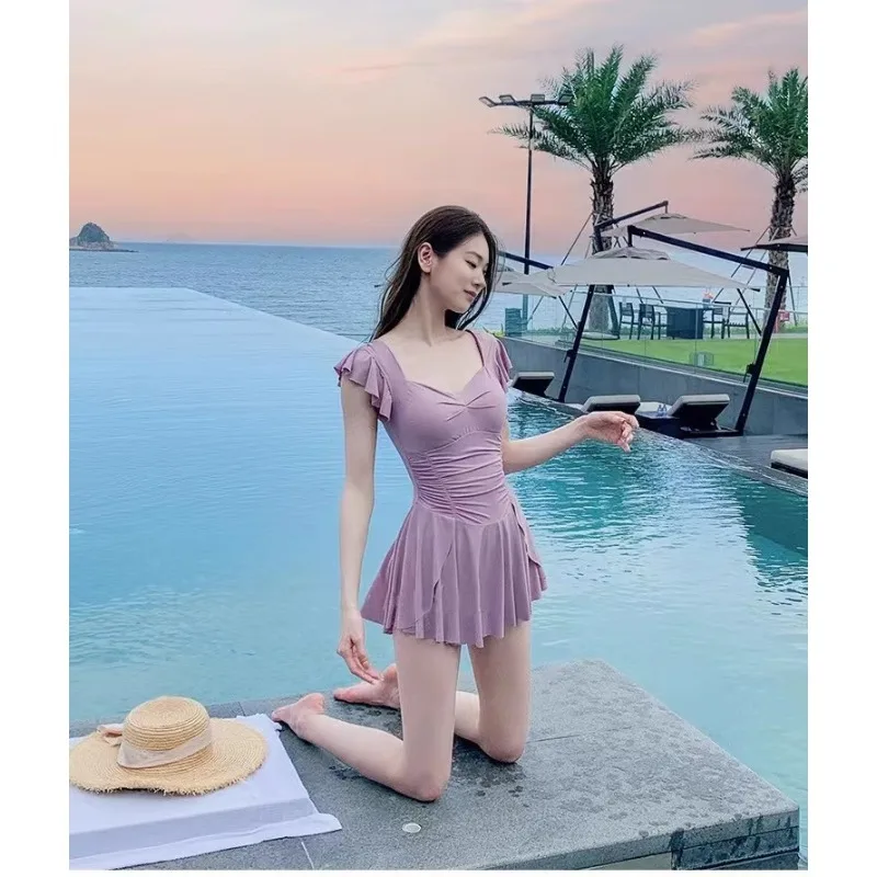 Sweet Floral Print Ruffle Sleeve One Piece Swimsuit Dress with Flared Skirt Modest Swimwear for Beach Pool Vacation
