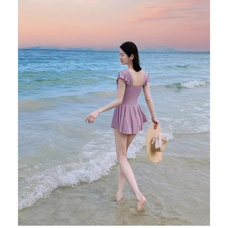 Sweet Floral Print Ruffle Sleeve One Piece Swimsuit Dress with Flared Skirt Modest Swimwear for Beach Pool Vacation