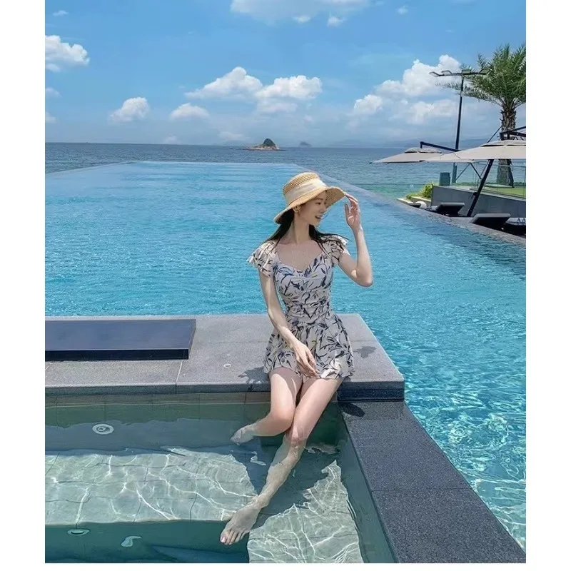 Sweet Floral Print Ruffle Sleeve One Piece Swimsuit Dress with Flared Skirt Modest Swimwear for Beach Pool Vacation