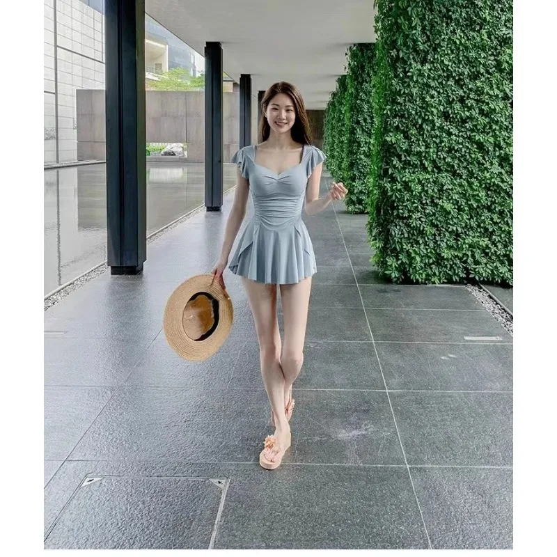 Sweet Floral Print Ruffle Sleeve One Piece Swimsuit Dress with Flared Skirt Modest Swimwear for Beach Pool Vacation