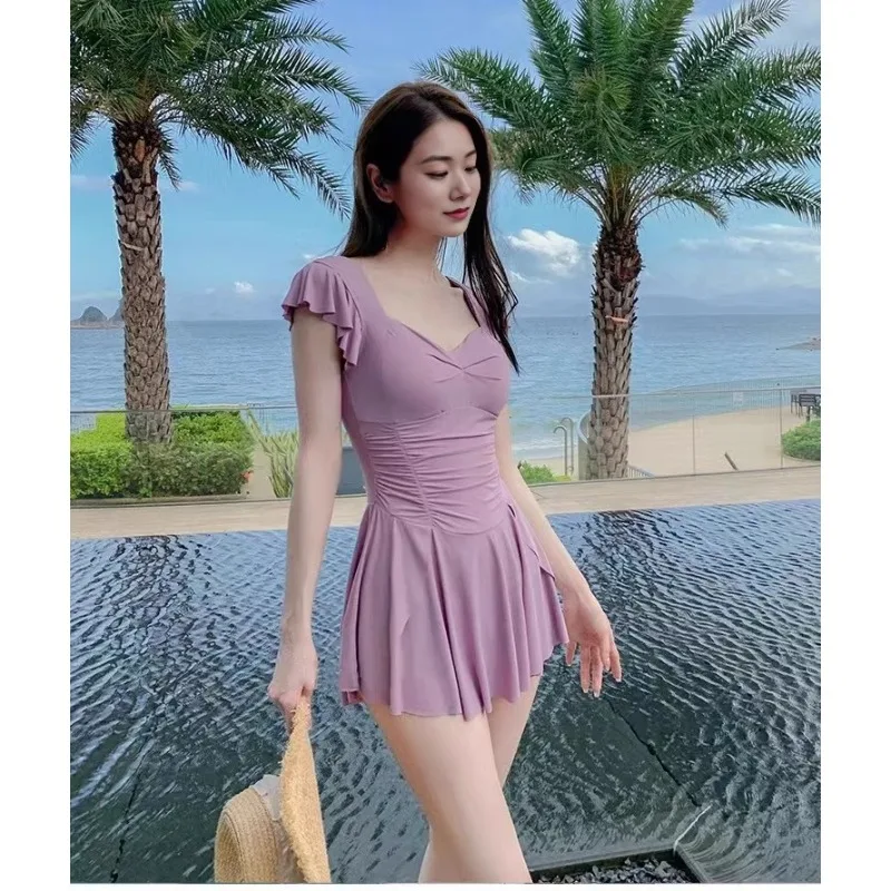 Sweet Floral Print Ruffle Sleeve One Piece Swimsuit Dress with Flared Skirt Modest Swimwear for Beach Pool Vacation