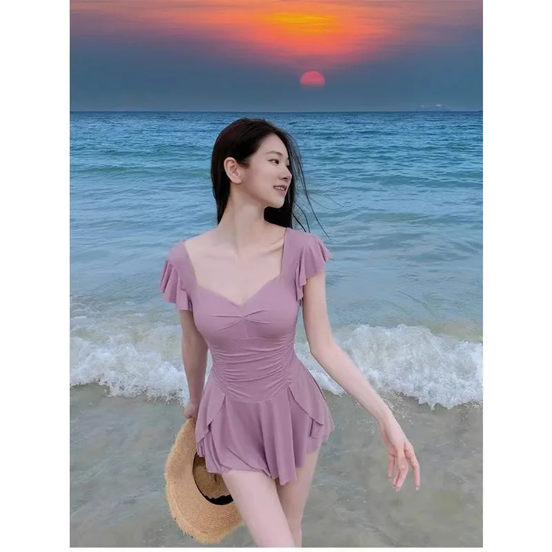 Sweet Floral Print Ruffle Sleeve One Piece Swimsuit Dress with Flared Skirt Modest Swimwear for Beach Pool Vacation