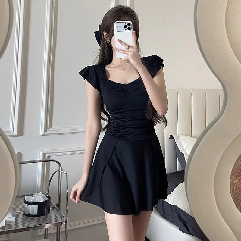 Sweet Floral Print Ruffle Sleeve One Piece Swimsuit Dress with Flared Skirt Modest Swimwear for Beach Pool Vacation
