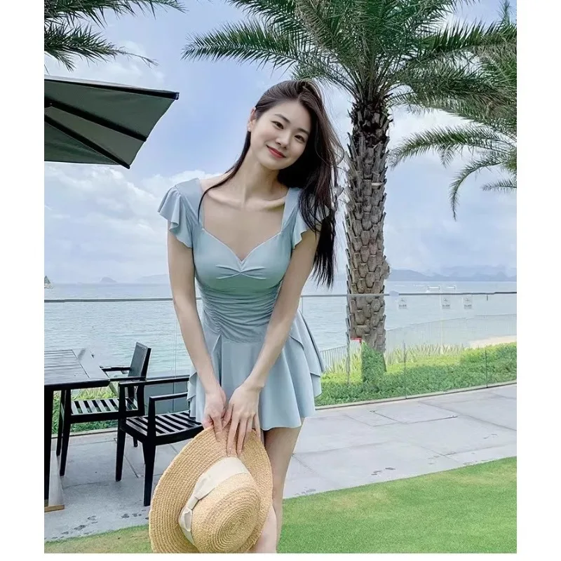 Sweet Floral Print Ruffle Sleeve One Piece Swimsuit Dress with Flared Skirt Modest Swimwear for Beach Pool Vacation