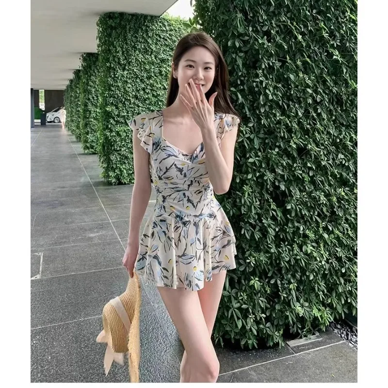 Sweet Floral Print Ruffle Sleeve One Piece Swimsuit Dress with Flared Skirt Modest Swimwear for Beach Pool Vacation