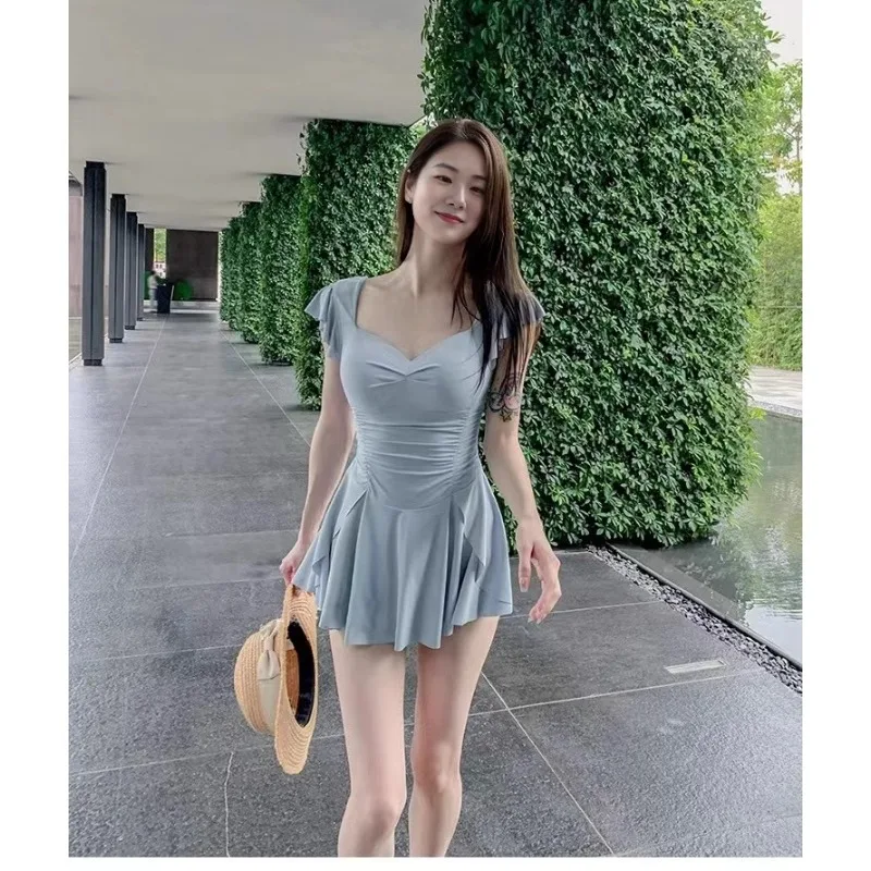 Sweet Floral Print Ruffle Sleeve One Piece Swimsuit Dress with Flared Skirt Modest Swimwear for Beach Pool Vacation