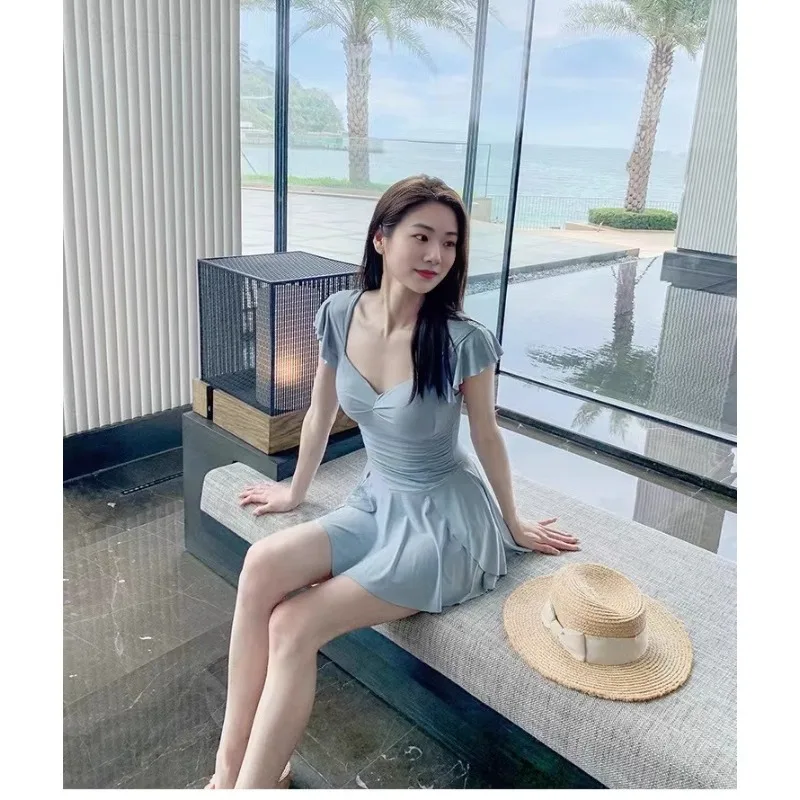 Sweet Floral Print Ruffle Sleeve One Piece Swimsuit Dress with Flared Skirt Modest Swimwear for Beach Pool Vacation
