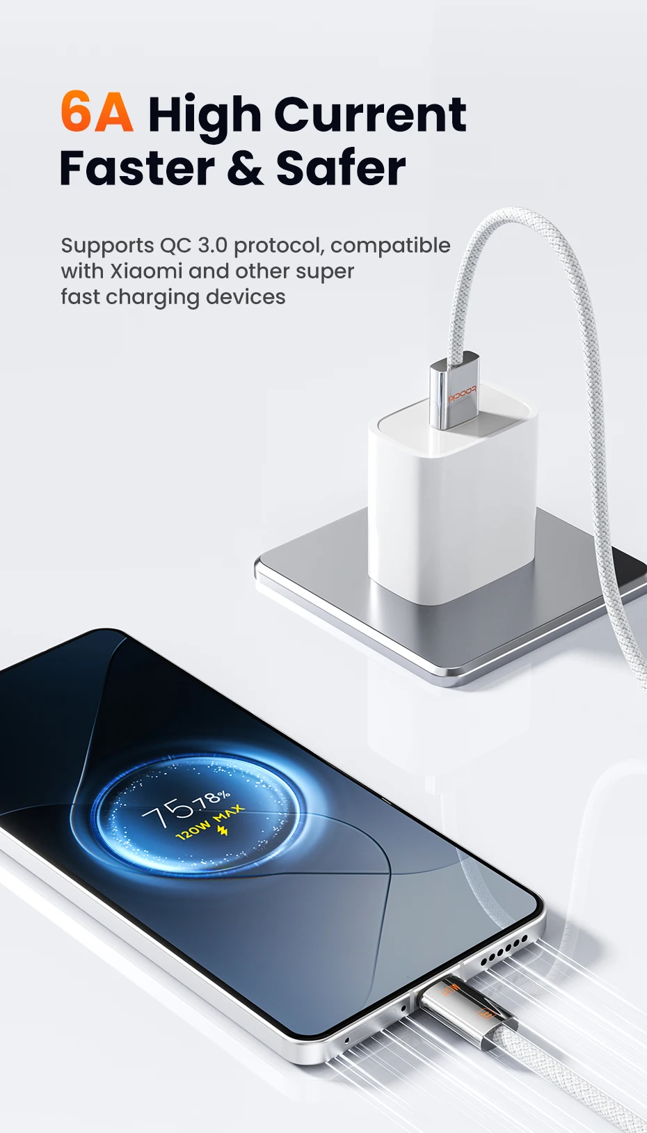 Toocki 120W 6A High-Speed Turbo Fast Charge USB Type C Cable for Xiaomi Mi 15 Pro Redmi Super VOOC USB C Wire for OPPO Find Vivo