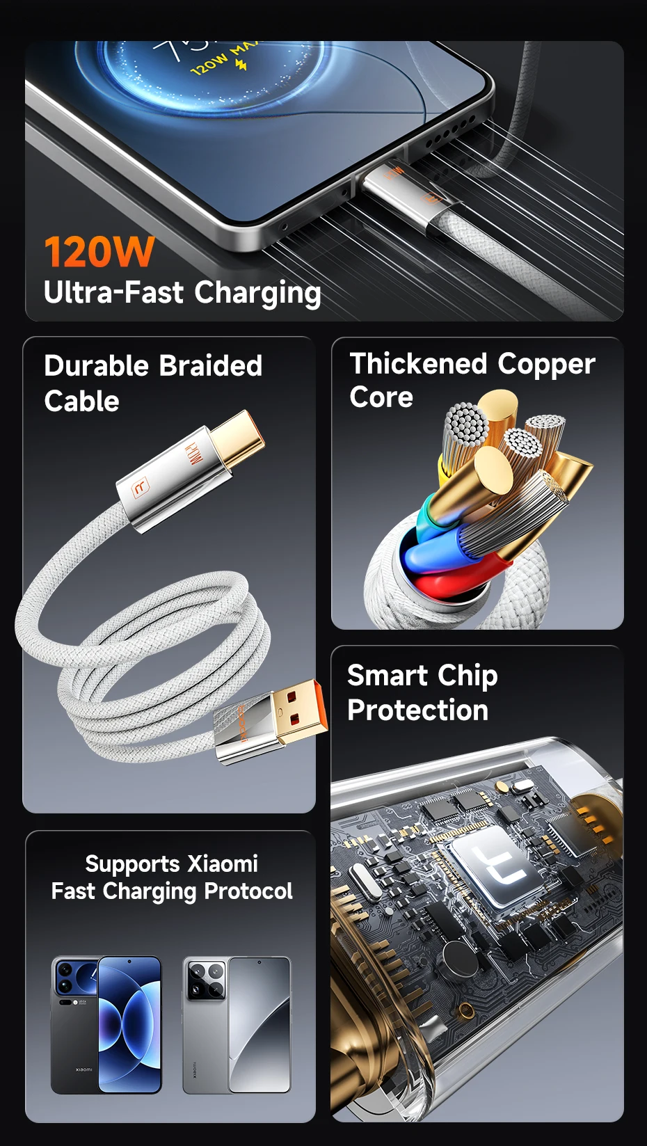 Toocki 120W 6A High-Speed Turbo Fast Charge USB Type C Cable for Xiaomi Mi 15 Pro Redmi Super VOOC USB C Wire for OPPO Find Vivo
