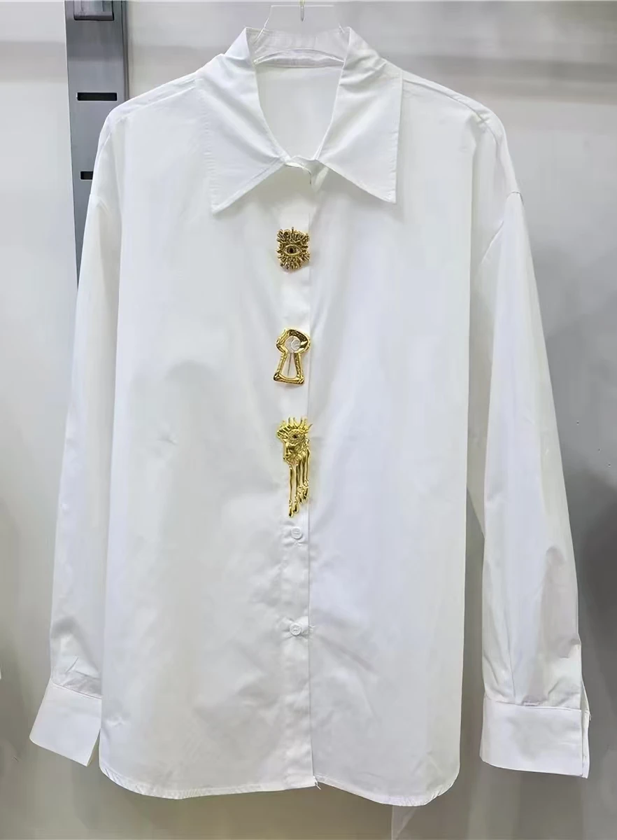 2026 Trend Oversize Removable Sparkle Glitter White Cotton Shirts Blouses Women's Long Sleeve Loose Casual Tops Woman Shirt Top