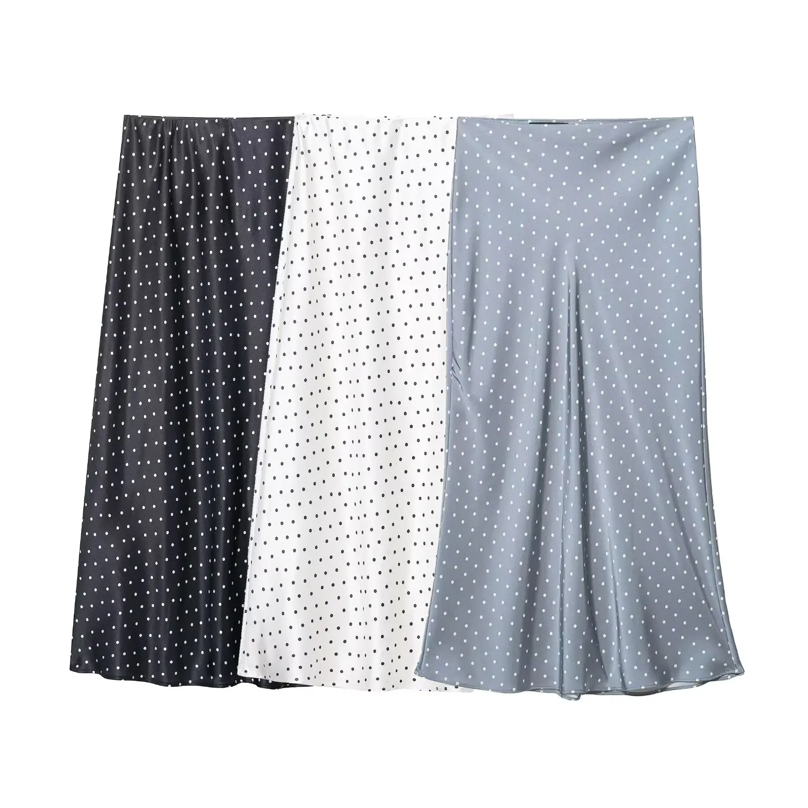 HH Women Elegant Polka Dot Satin Midi Skirt High Waist Silky Long Skirt Casual Daily Office Wear Retro Summer Streetwear