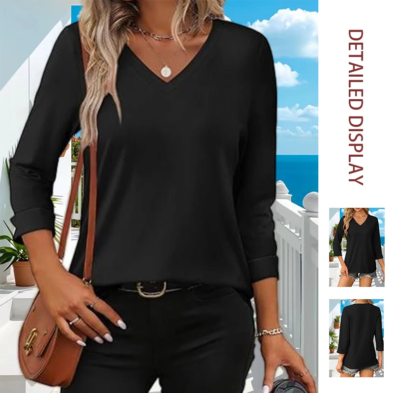 2026 New Western Style Women's Three-quarter Sleeve V-neck Versatile T-shirt