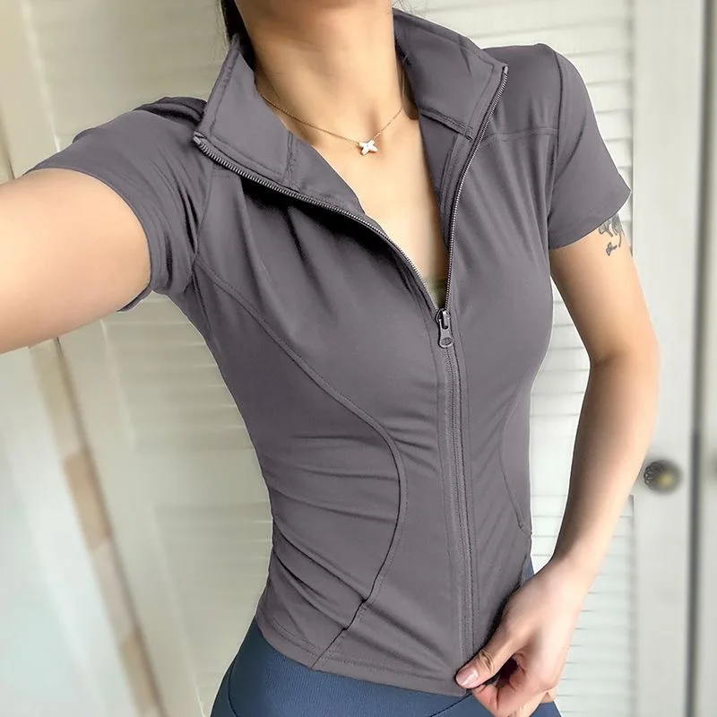KIDCRKJ Slim Sports Women Yoga Coat Short Sleeve Zipper Tops Female Cycling Running Outfit Clothes Summer Sport Jacket