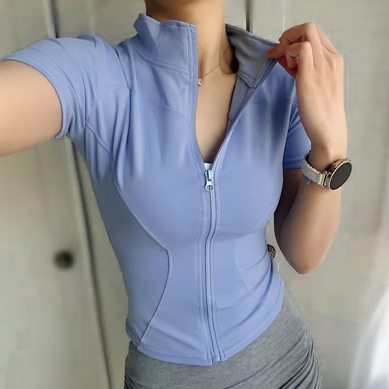 KIDCRKJ Slim Sports Women Yoga Coat Short Sleeve Zipper Tops Female Cycling Running Outfit Clothes Summer Sport Jacket