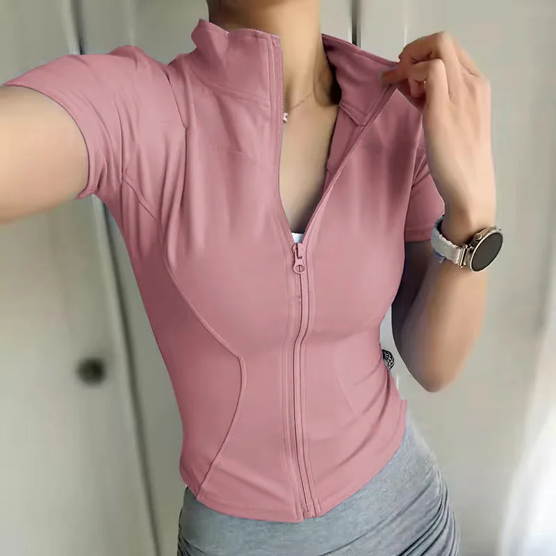 KIDCRKJ Slim Sports Women Yoga Coat Short Sleeve Zipper Tops Female Cycling Running Outfit Clothes Summer Sport Jacket