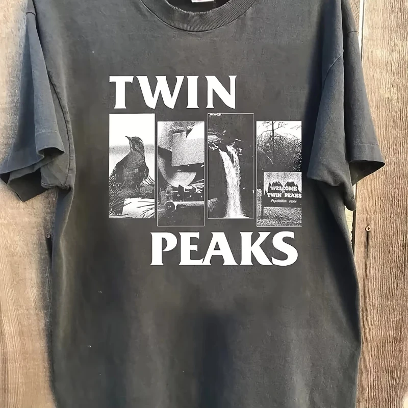 Suitable for both men and women, casual men's cotton T-shirt, spring and summer men's "twin peaks" retro pattern T-shirt,