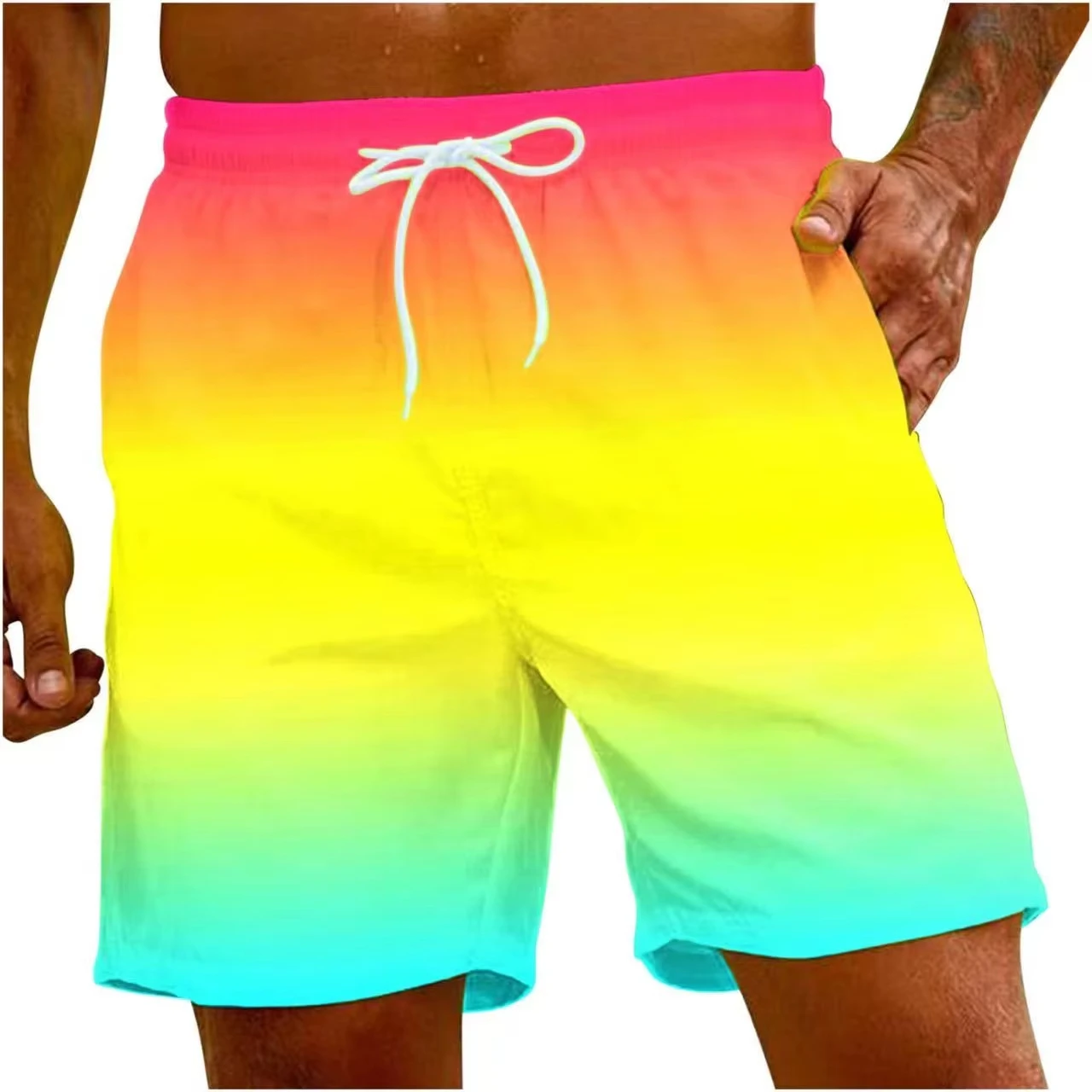 Men's Sweat Absorbing and Breathable Beach Shorts, Suitable for Rainbow Colored Men's Swimming Pants, Popular