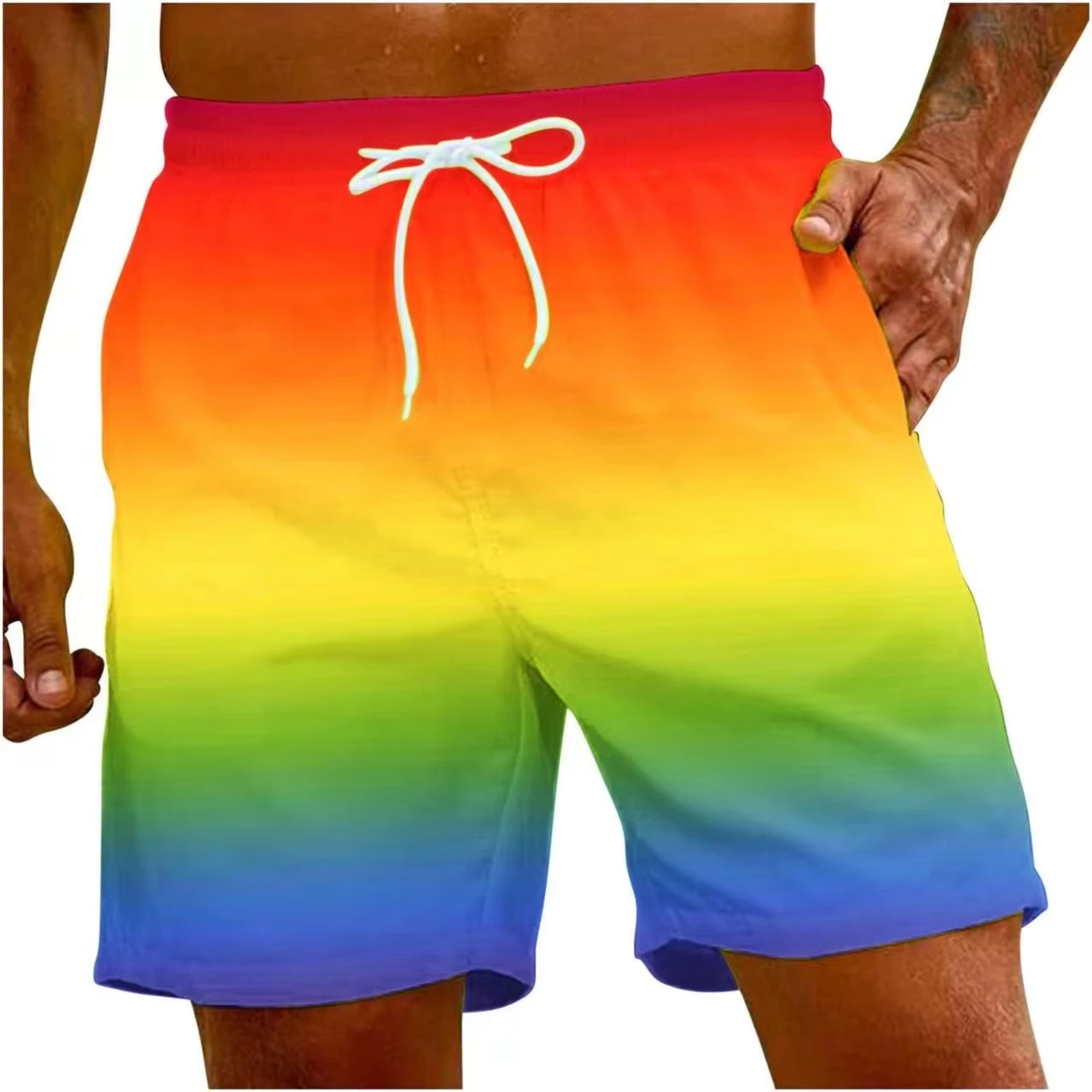 Men's Sweat Absorbing and Breathable Beach Shorts, Suitable for Rainbow Colored Men's Swimming Pants, Popular