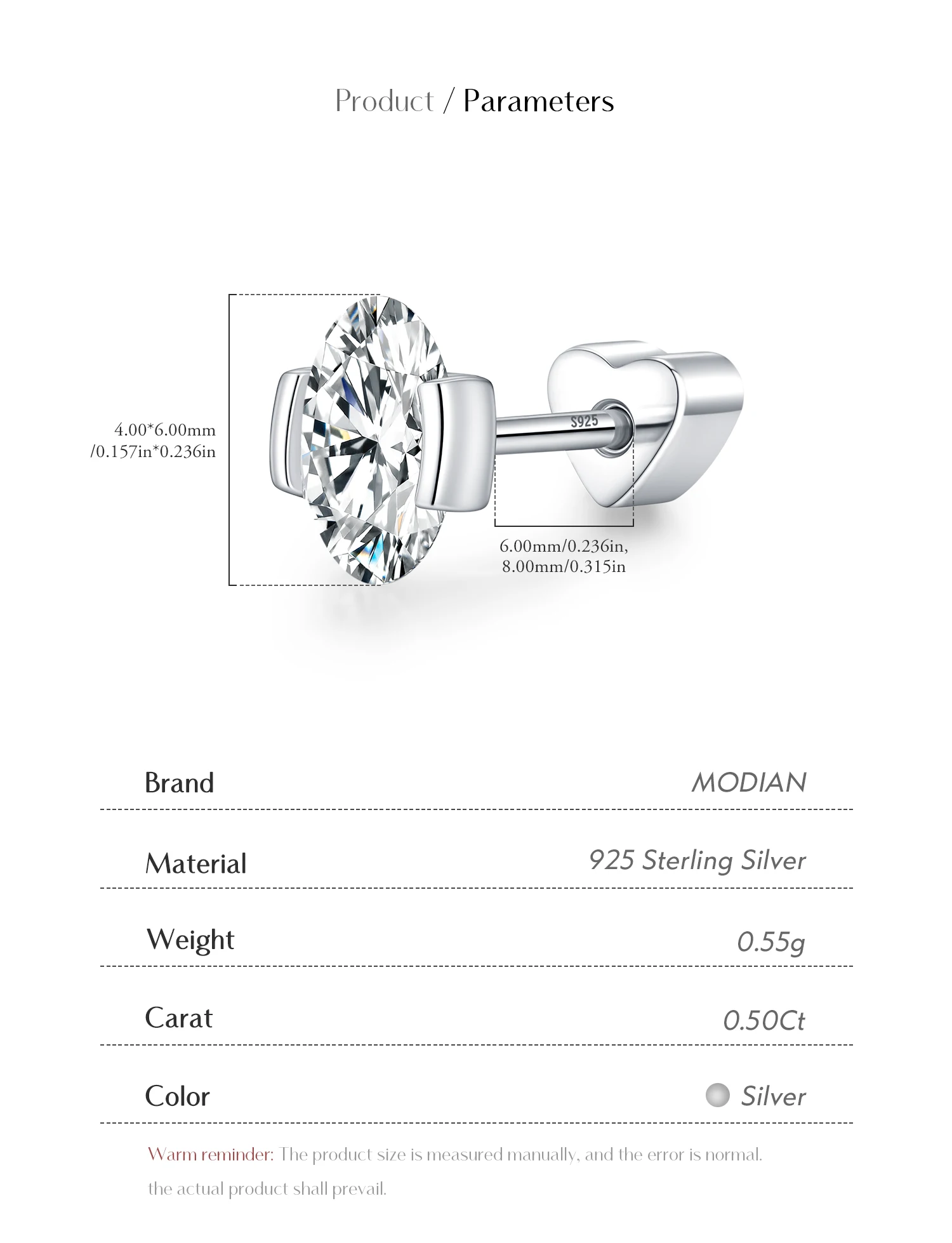 MODIAN D Color Oval Moissanite Heart Screw Helix Earrings Cartilage 925 Sterling Sliver Stud Earrings For Women Fine Jewelry