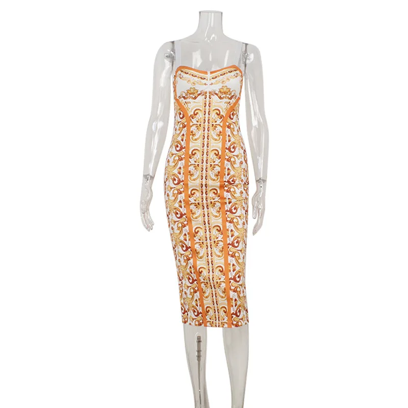 2026 Summer Fashion New Women's Elegant Gold Printed Long Dress with Strap and Slim Female Hip Hugging Vacation Party Dress