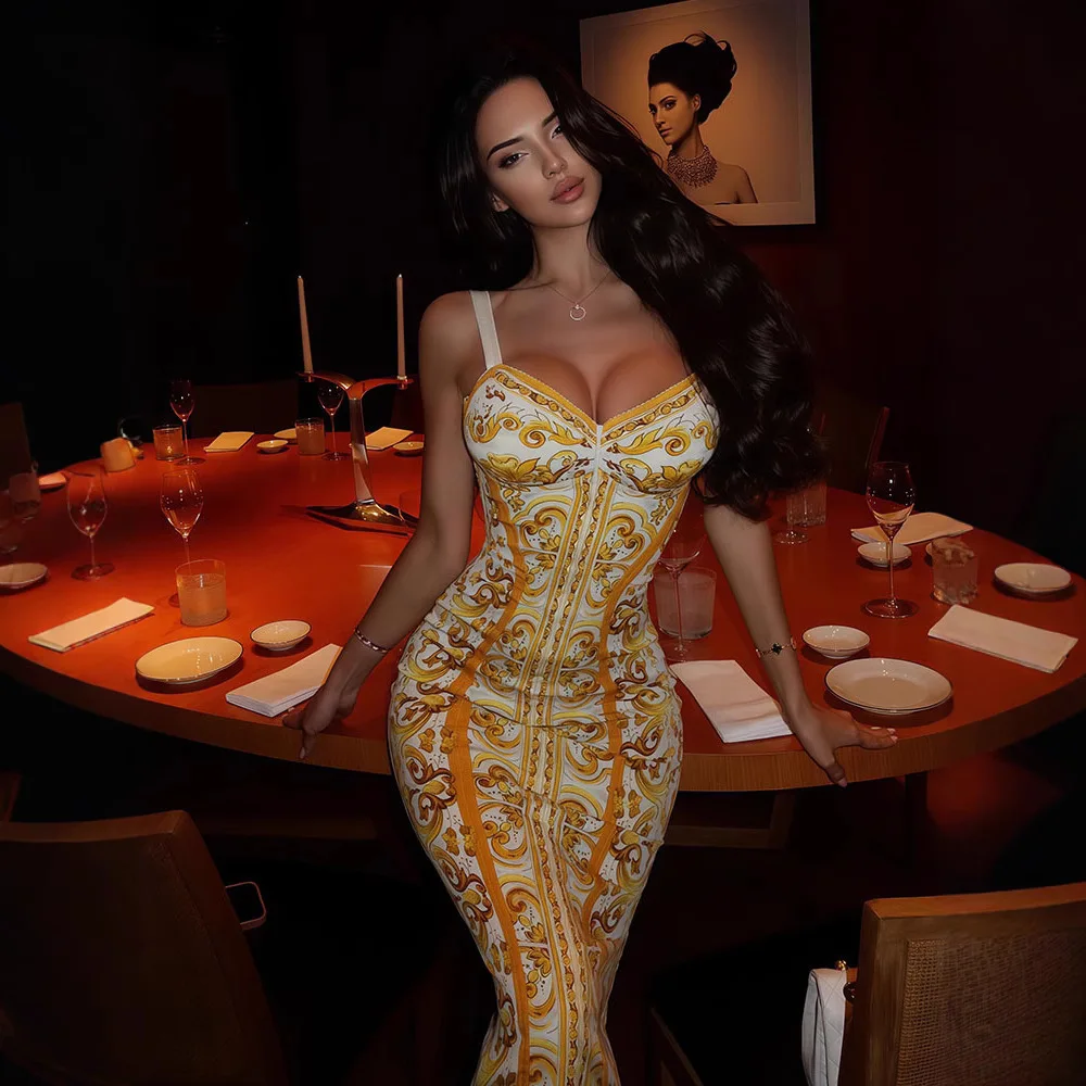 2026 Summer Fashion New Women's Elegant Gold Printed Long Dress with Strap and Slim Female Hip Hugging Vacation Party Dress