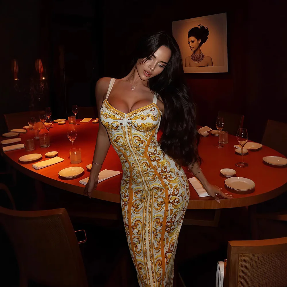 2026 Summer Fashion New Women's Elegant Gold Printed Long Dress with Strap and Slim Female Hip Hugging Vacation Party Dress