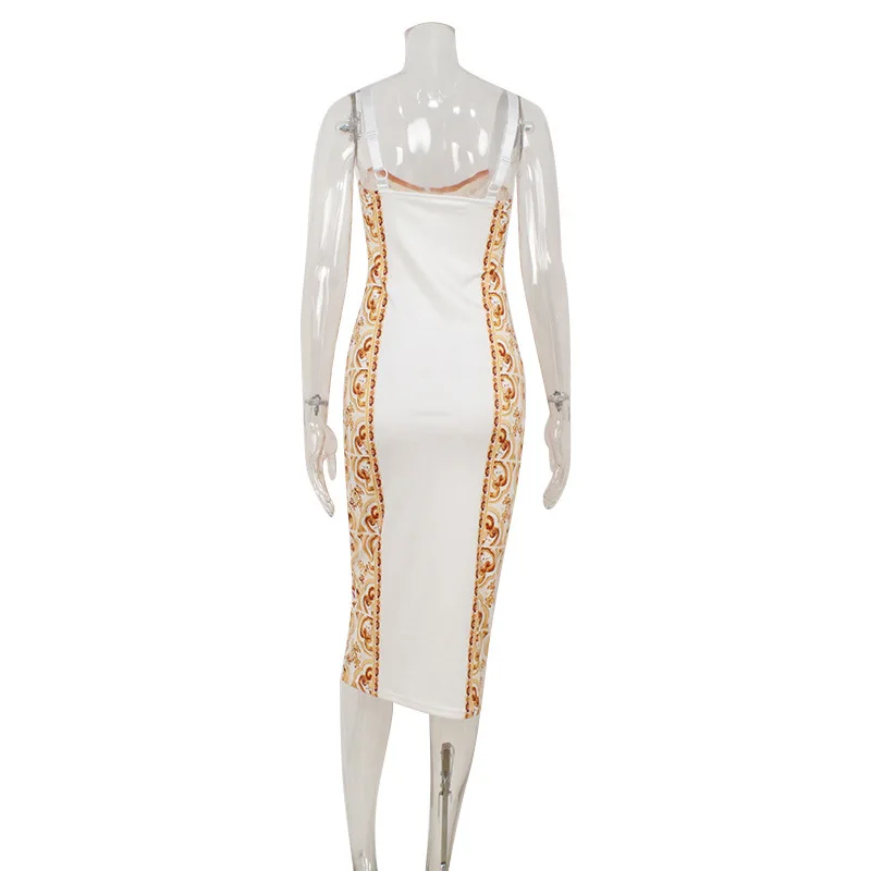 2026 Summer Fashion New Women's Elegant Gold Printed Long Dress with Strap and Slim Female Hip Hugging Vacation Party Dress