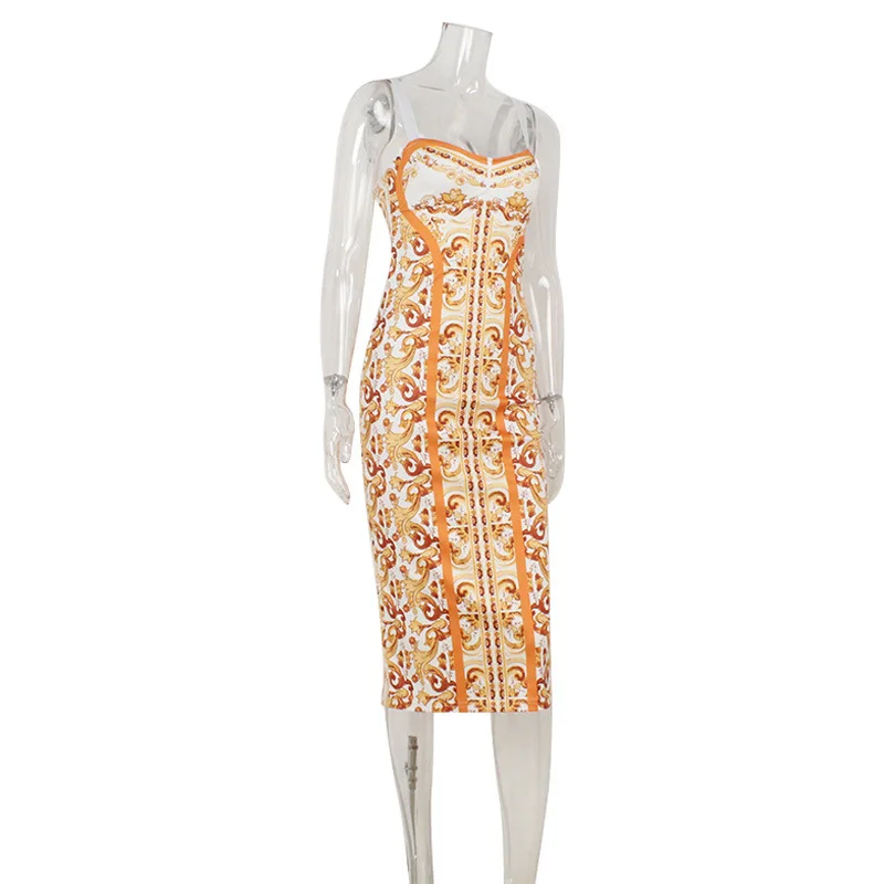 2026 Summer Fashion New Women's Elegant Gold Printed Long Dress with Strap and Slim Female Hip Hugging Vacation Party Dress