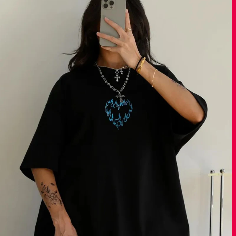 American Street Ins Pink Leopard Print Love Print Student Korean Version Summer Short-sleeved Top T-shirt Y2k Graphic T shirts