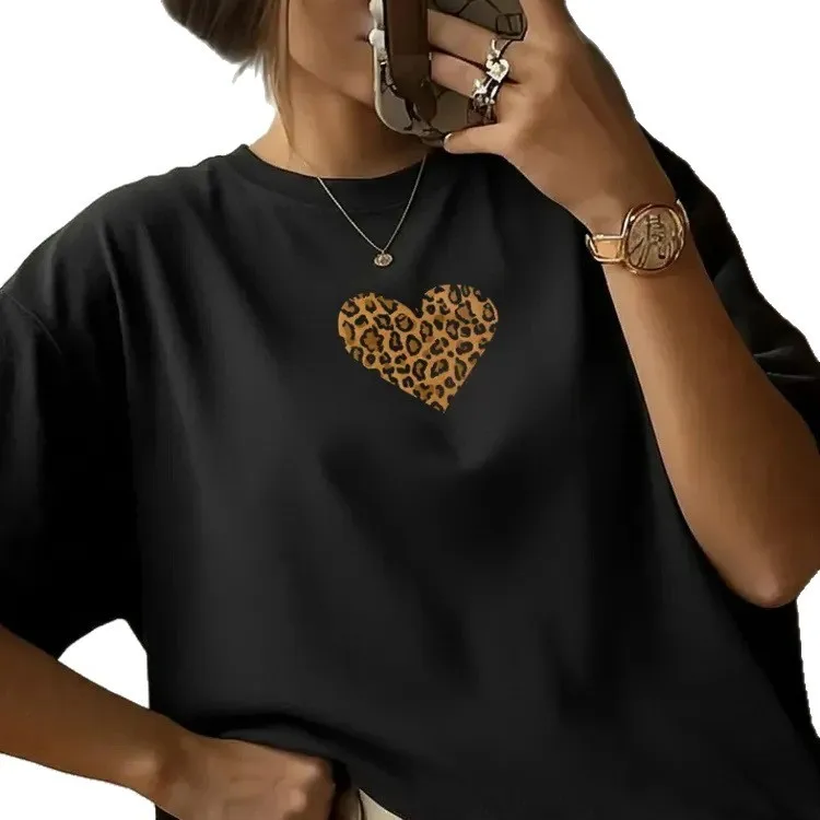 American Street Ins Pink Leopard Print Love Print Student Korean Version Summer Short-sleeved Top T-shirt Y2k Graphic T shirts
