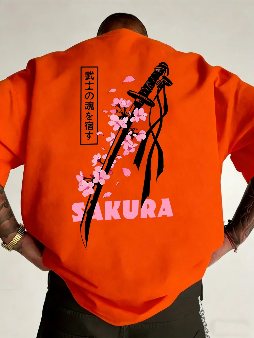Japanese Katana Sakura Printed Cotton T-Shirts Mens Summer O-Neck Short Sleeve T Shirt Soft Oversized Tops Basic Male Clothes
