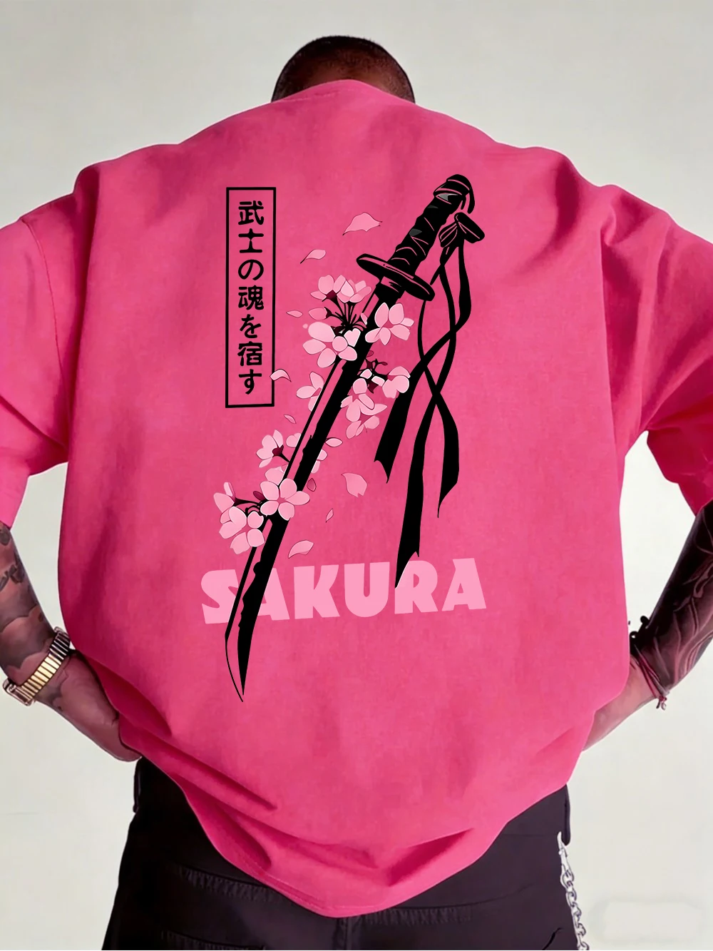 Japanese Katana Sakura Printed Cotton T-Shirts Mens Summer O-Neck Short Sleeve T Shirt Soft Oversized Tops Basic Male Clothes
