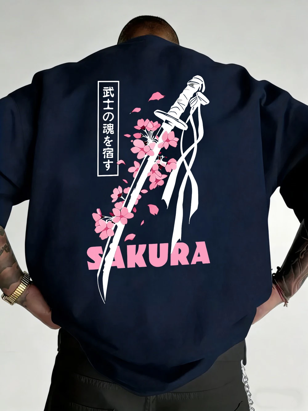 Japanese Katana Sakura Printed Cotton T-Shirts Mens Summer O-Neck Short Sleeve T Shirt Soft Oversized Tops Basic Male Clothes