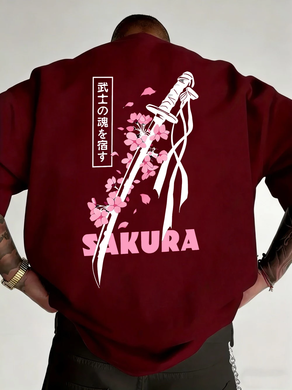 Japanese Katana Sakura Printed Cotton T-Shirts Mens Summer O-Neck Short Sleeve T Shirt Soft Oversized Tops Basic Male Clothes