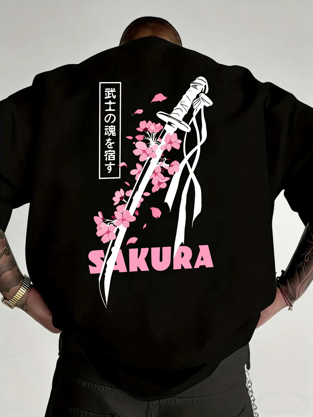 Japanese Katana Sakura Printed Cotton T-Shirts Mens Summer O-Neck Short Sleeve T Shirt Soft Oversized Tops Basic Male Clothes