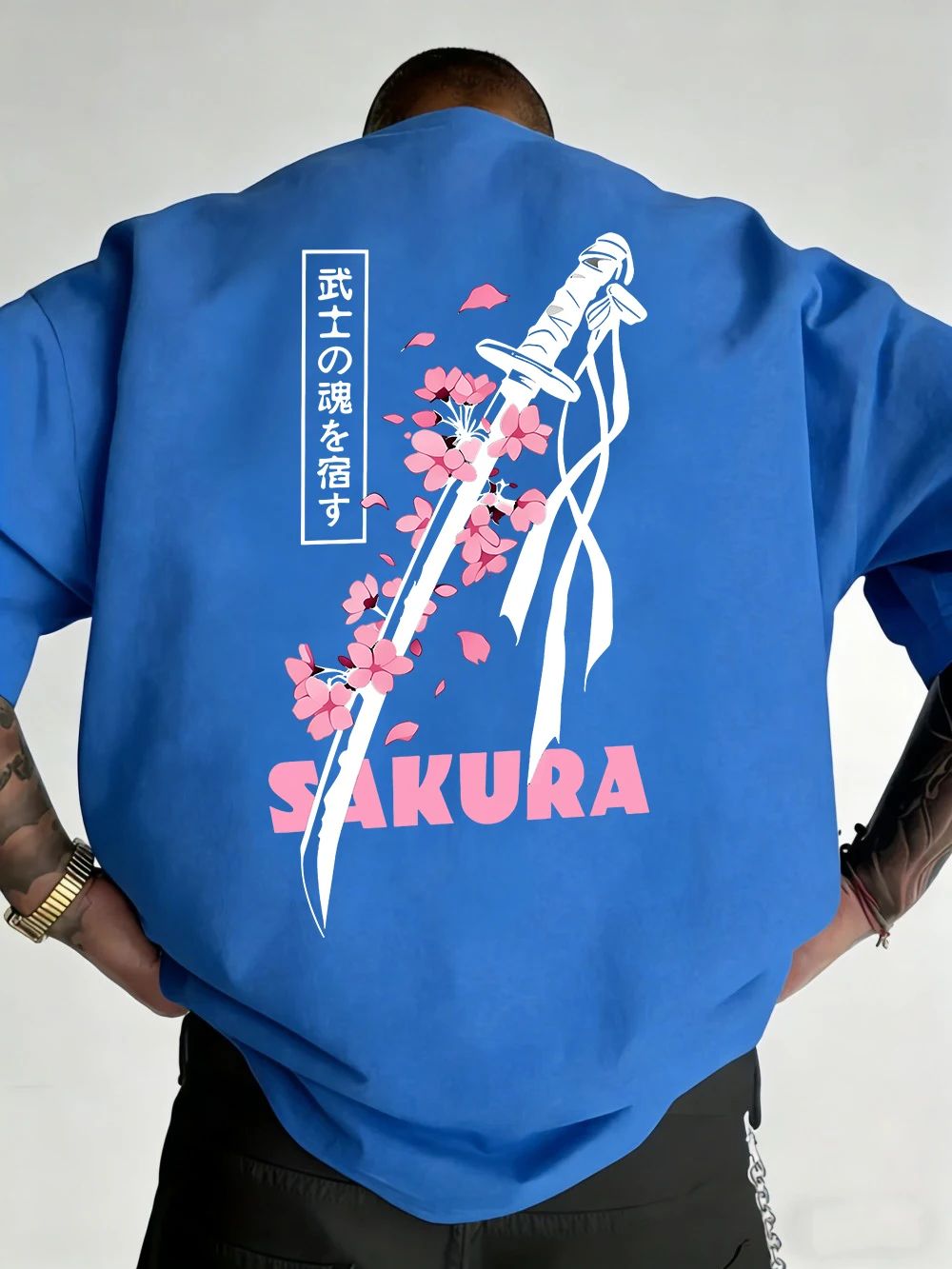 Japanese Katana Sakura Printed Cotton T-Shirts Mens Summer O-Neck Short Sleeve T Shirt Soft Oversized Tops Basic Male Clothes