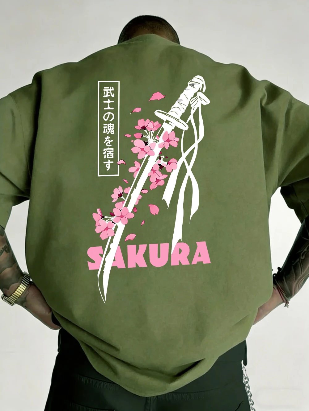 Japanese Katana Sakura Printed Cotton T-Shirts Mens Summer O-Neck Short Sleeve T Shirt Soft Oversized Tops Basic Male Clothes