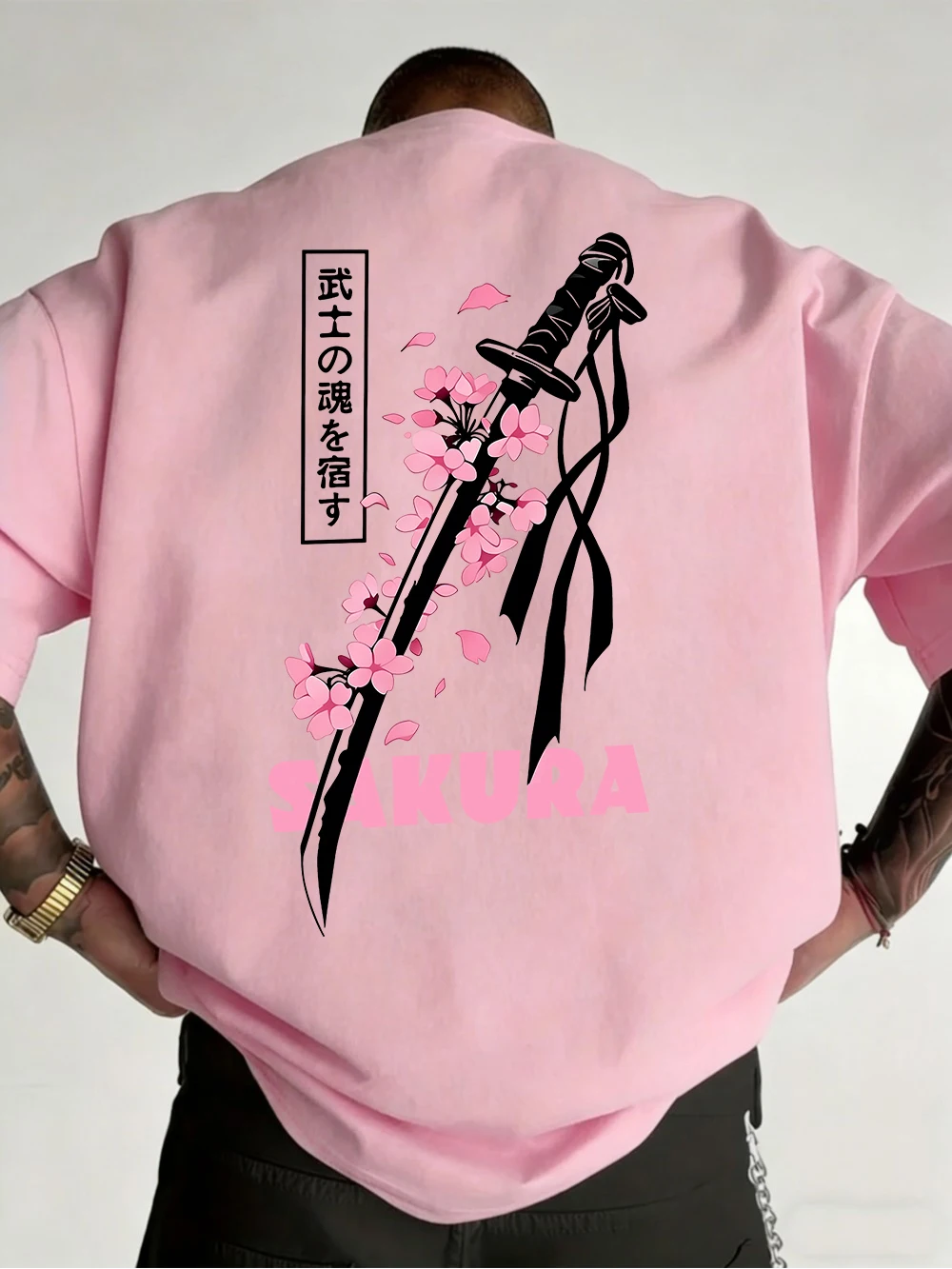 Japanese Katana Sakura Printed Cotton T-Shirts Mens Summer O-Neck Short Sleeve T Shirt Soft Oversized Tops Basic Male Clothes