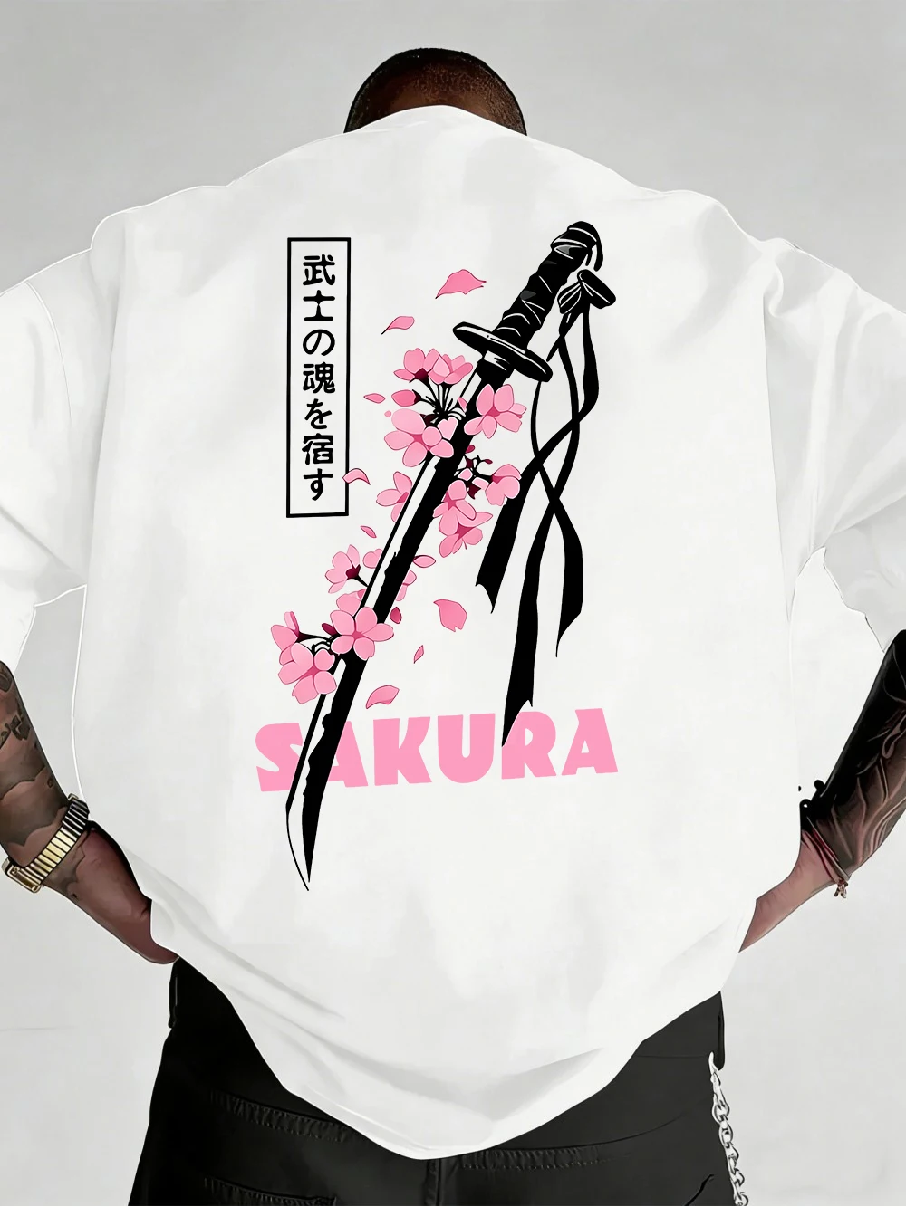 Japanese Katana Sakura Printed Cotton T-Shirts Mens Summer O-Neck Short Sleeve T Shirt Soft Oversized Tops Basic Male Clothes