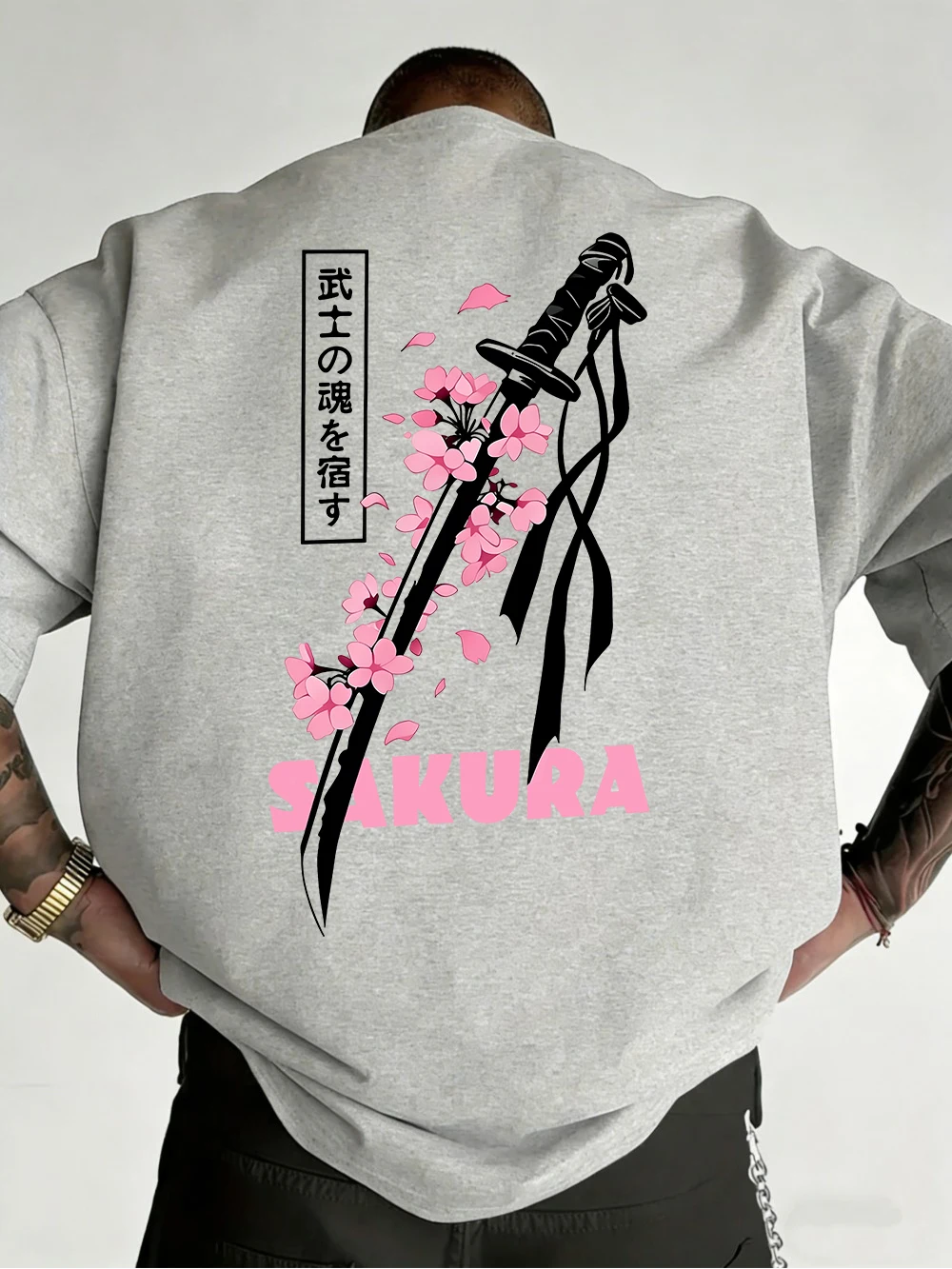 Japanese Katana Sakura Printed Cotton T-Shirts Mens Summer O-Neck Short Sleeve T Shirt Soft Oversized Tops Basic Male Clothes