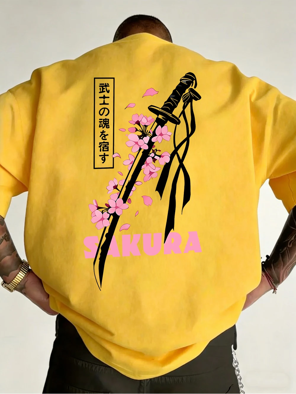 Japanese Katana Sakura Printed Cotton T-Shirts Mens Summer O-Neck Short Sleeve T Shirt Soft Oversized Tops Basic Male Clothes
